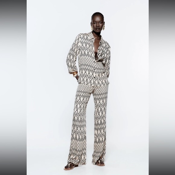 Zara flowy ecru and black pants, sz large - Picture 1 of 12